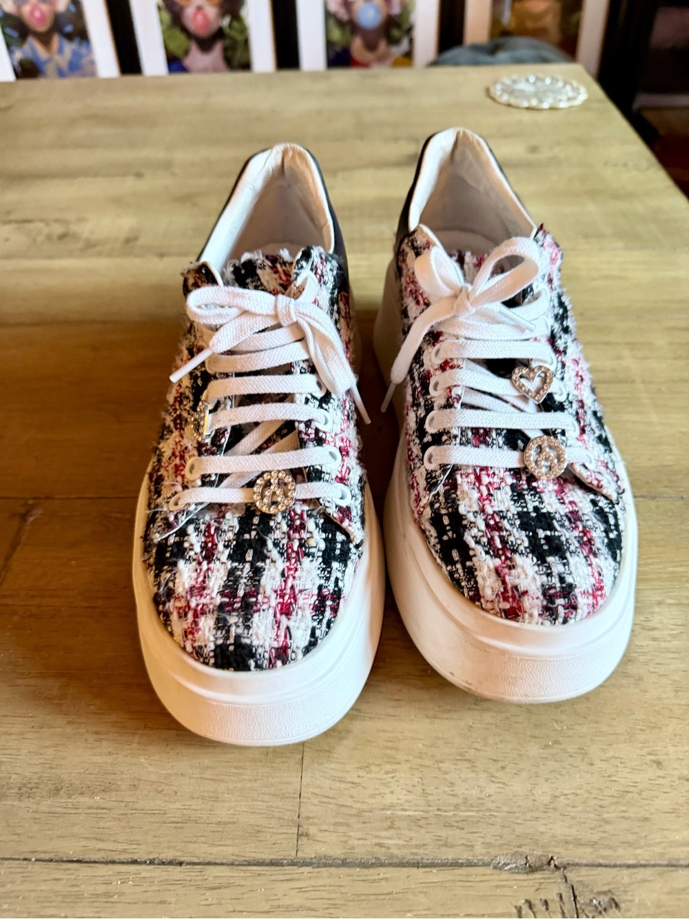 Wishbone Tweed Platform Sneakers - White, Black & Pink